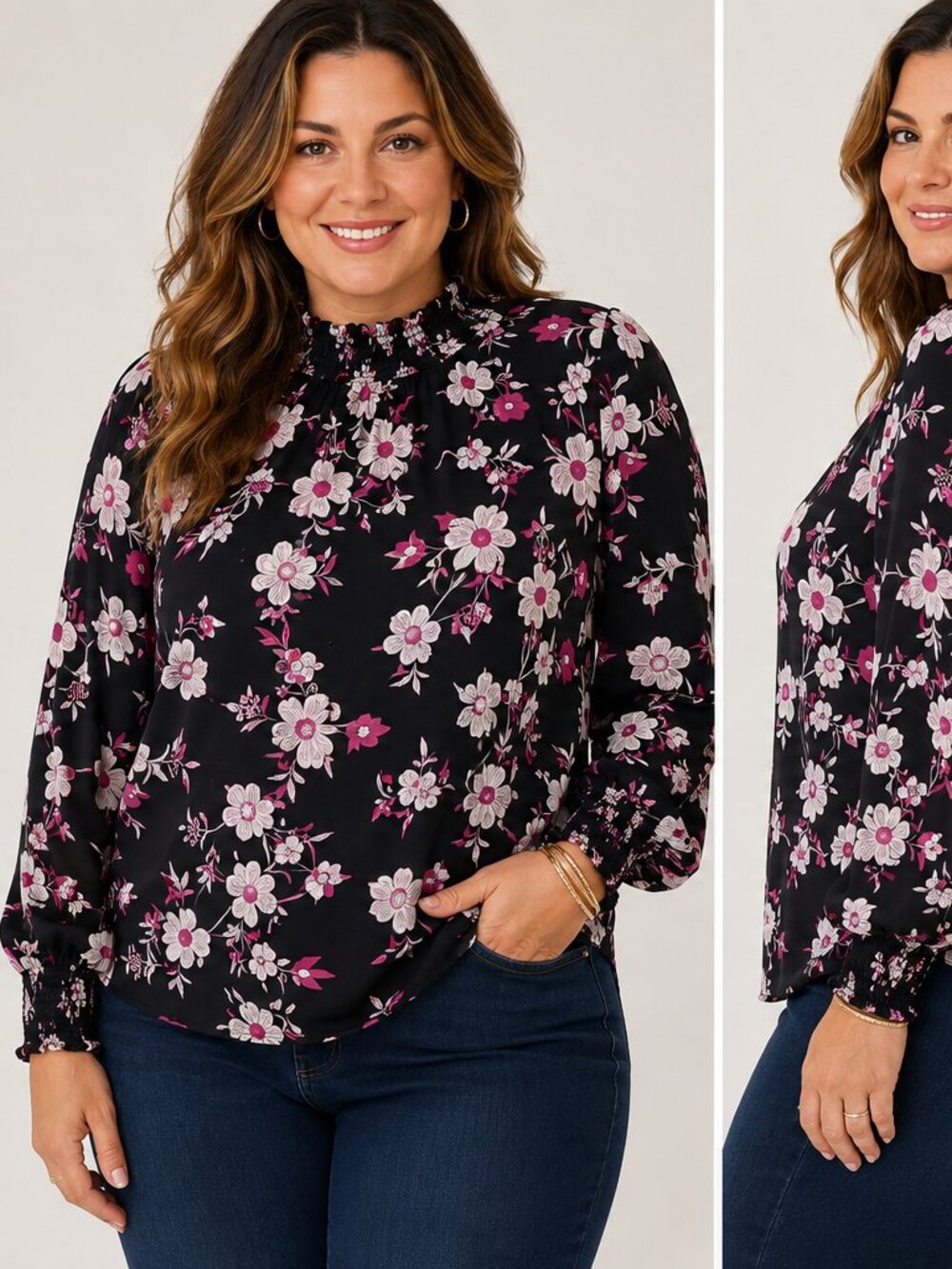Sanctuary Blouse Womens XL Black Floral Smocked Neck Long Sleeve Top